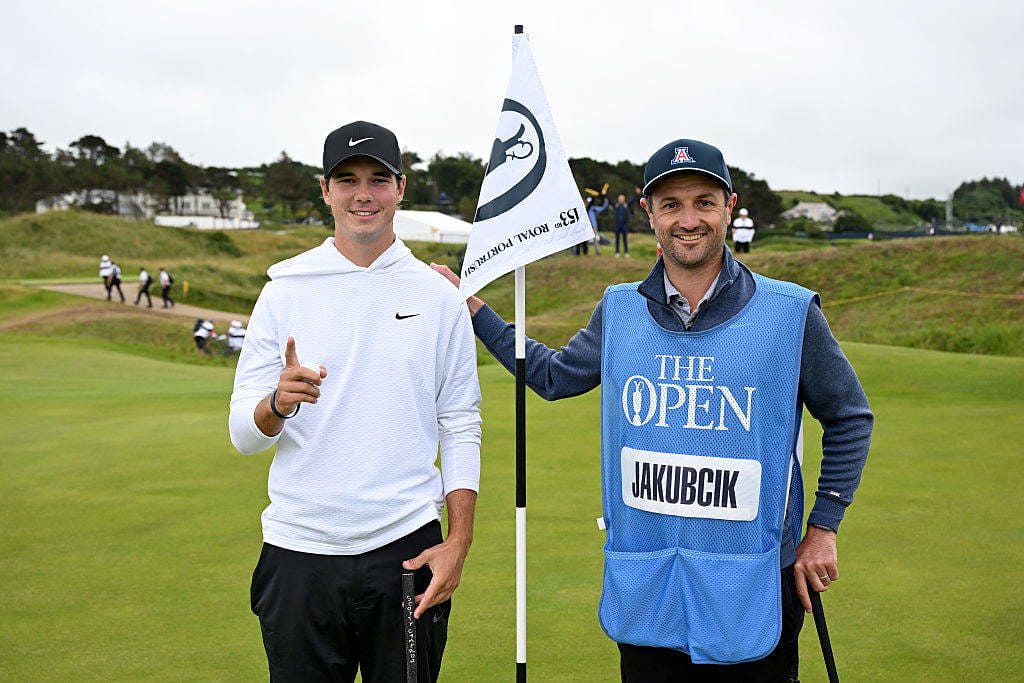 Filip Jakubcik celebrates a hole-in-one on a practice round at Royal Portrush